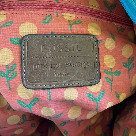 Fossil Blue Canvas Duffel Travel Bag Leather Trim - Picture 11 of 11